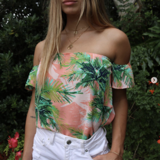 Photo of tropical off-the-shoulder blouse.