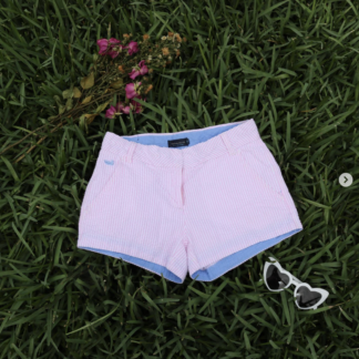 Photo of pastel pink and blue seersucker shorts.