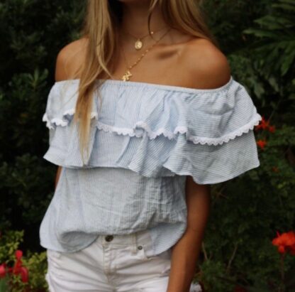 white and blue striped off-the-shoulder top